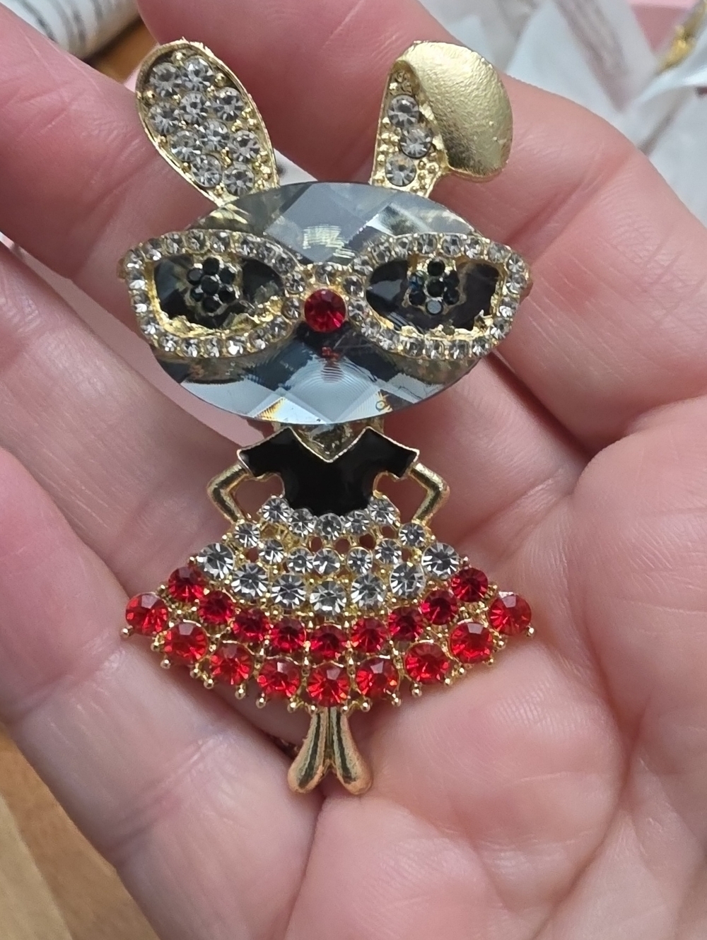 A103- Gold Crystal Bunny Brooch - Red and Clear Rhinestone Accent
